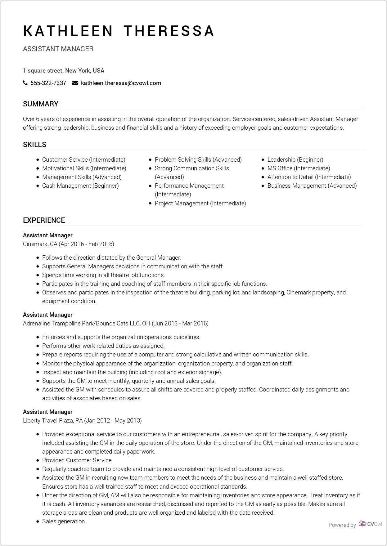 Assistant Manager Objective For Resume