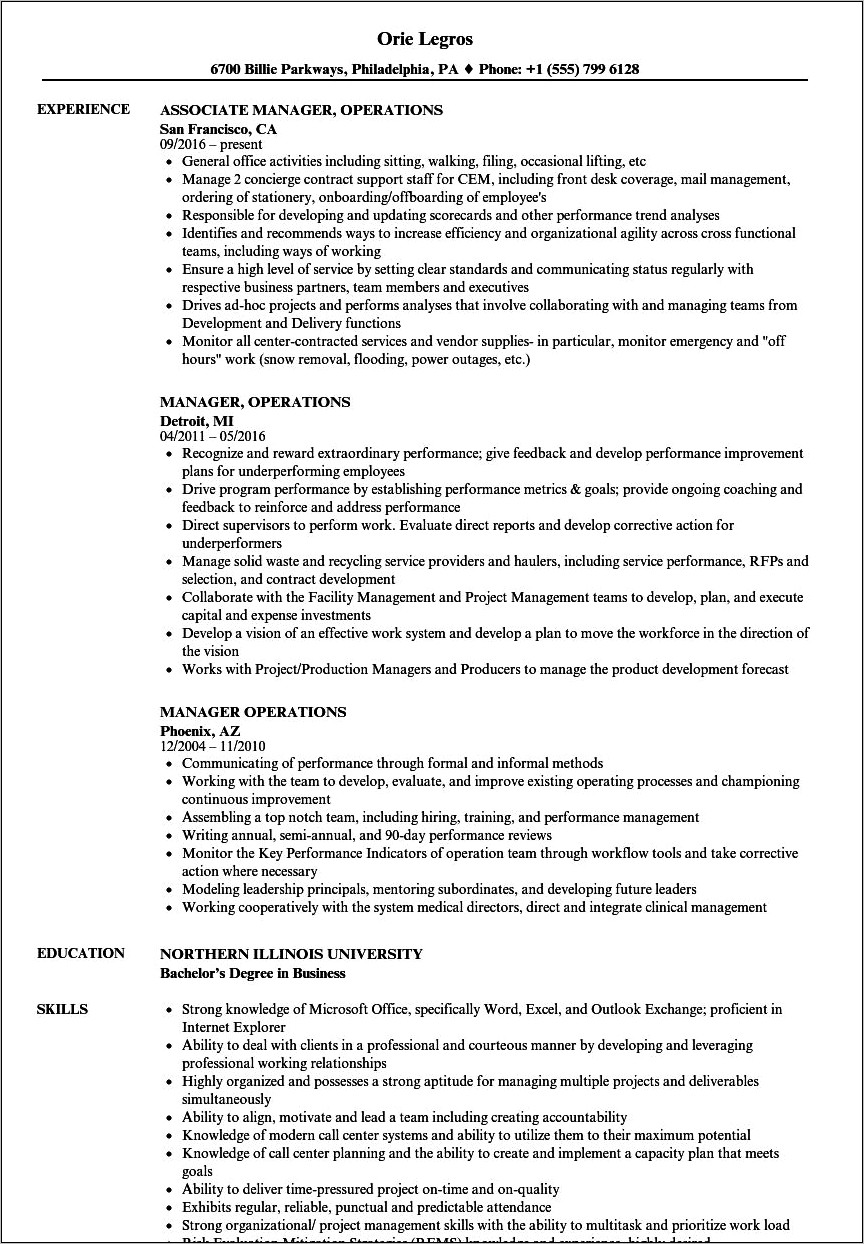 Assistant Manager Operations Resume Sample