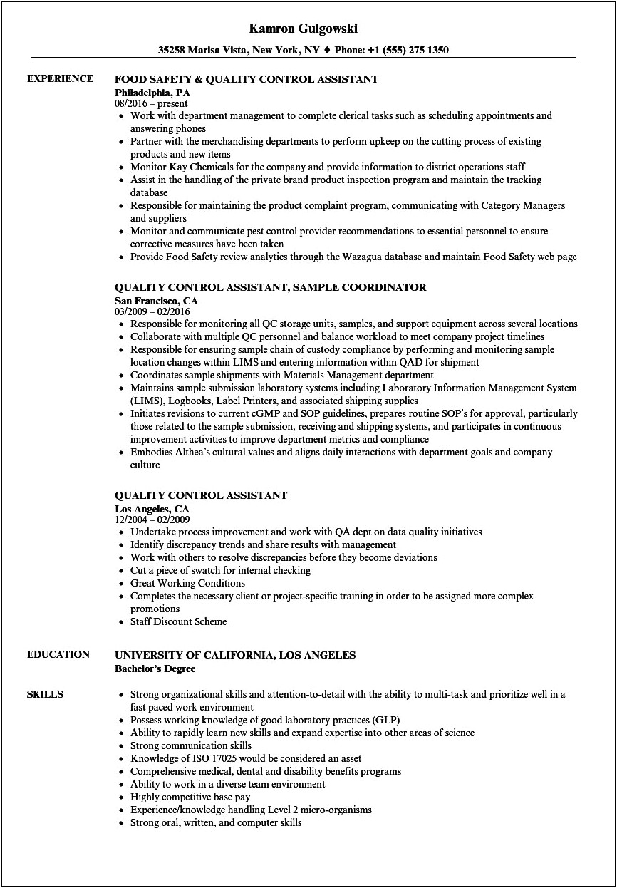 Assistant Manager Quality Assurance Resume