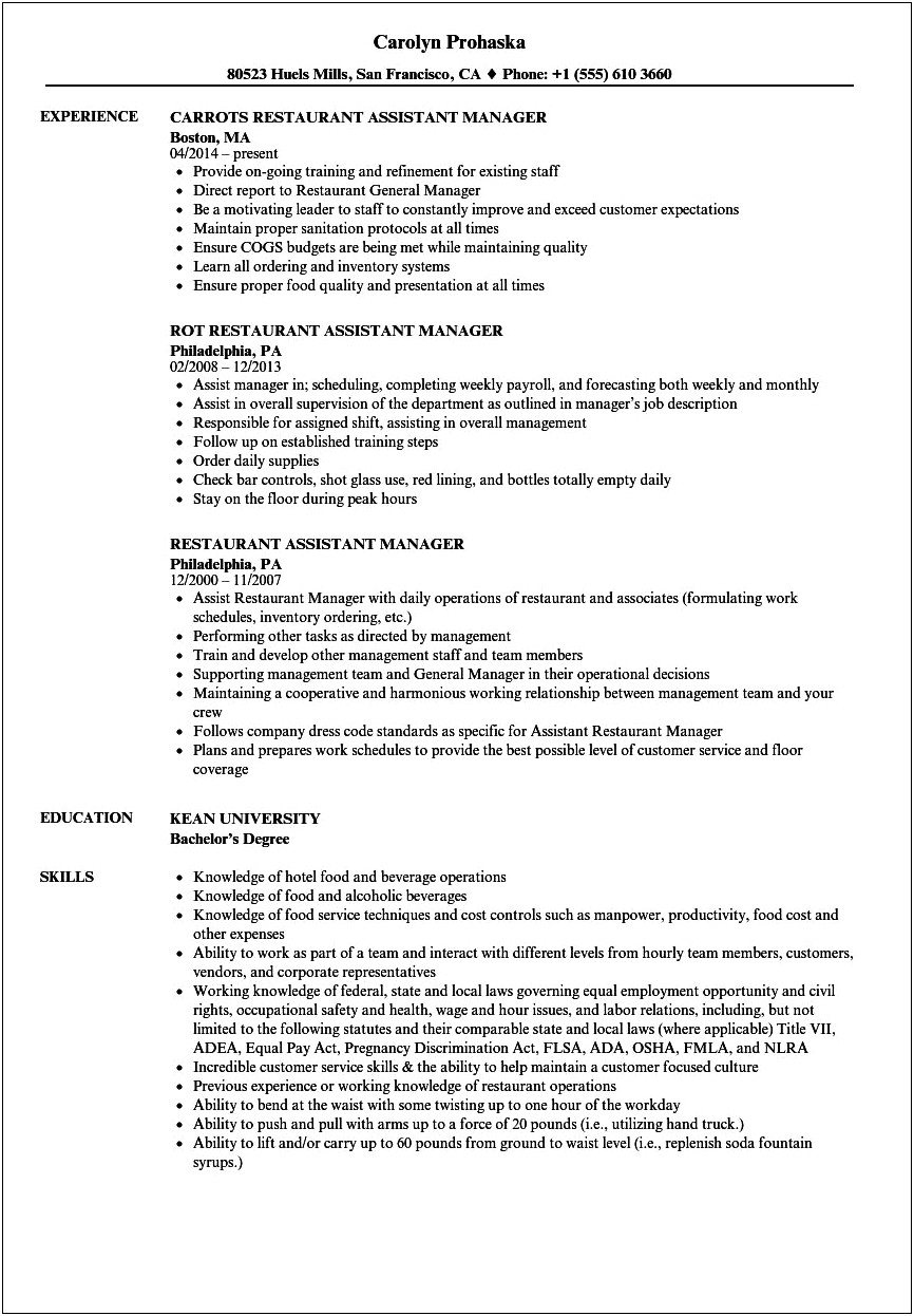 Assistant Manager Responsibilities For Resume