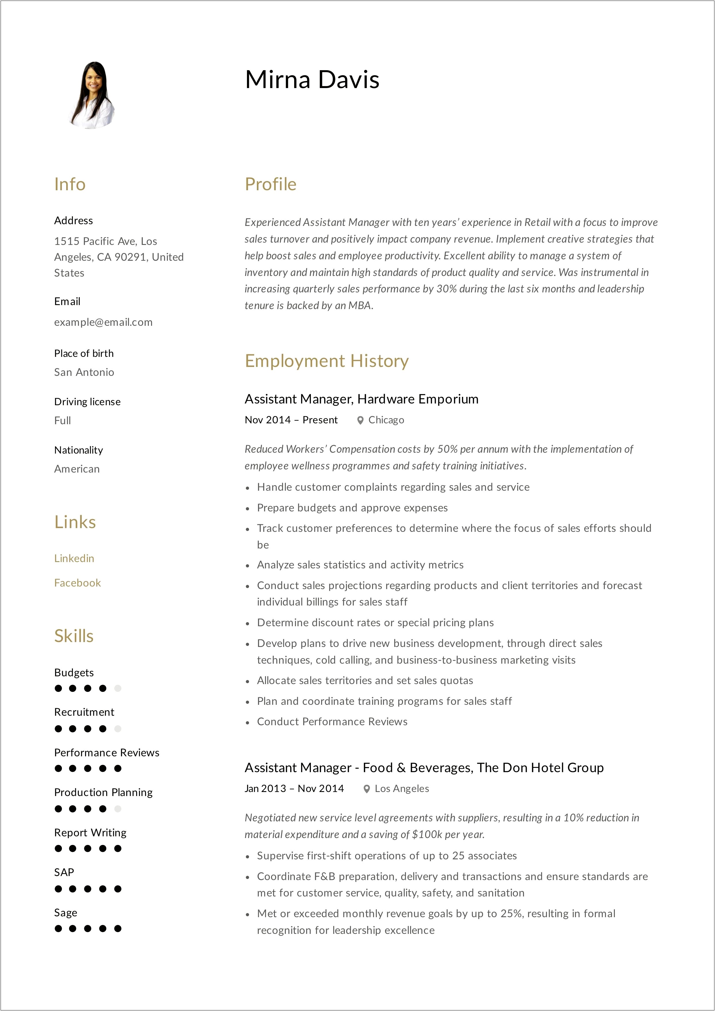 Assistant Manager Resume Retail Pdf