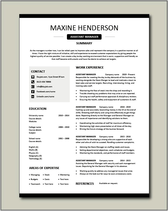 Assistant Manager Resume Sample Retail