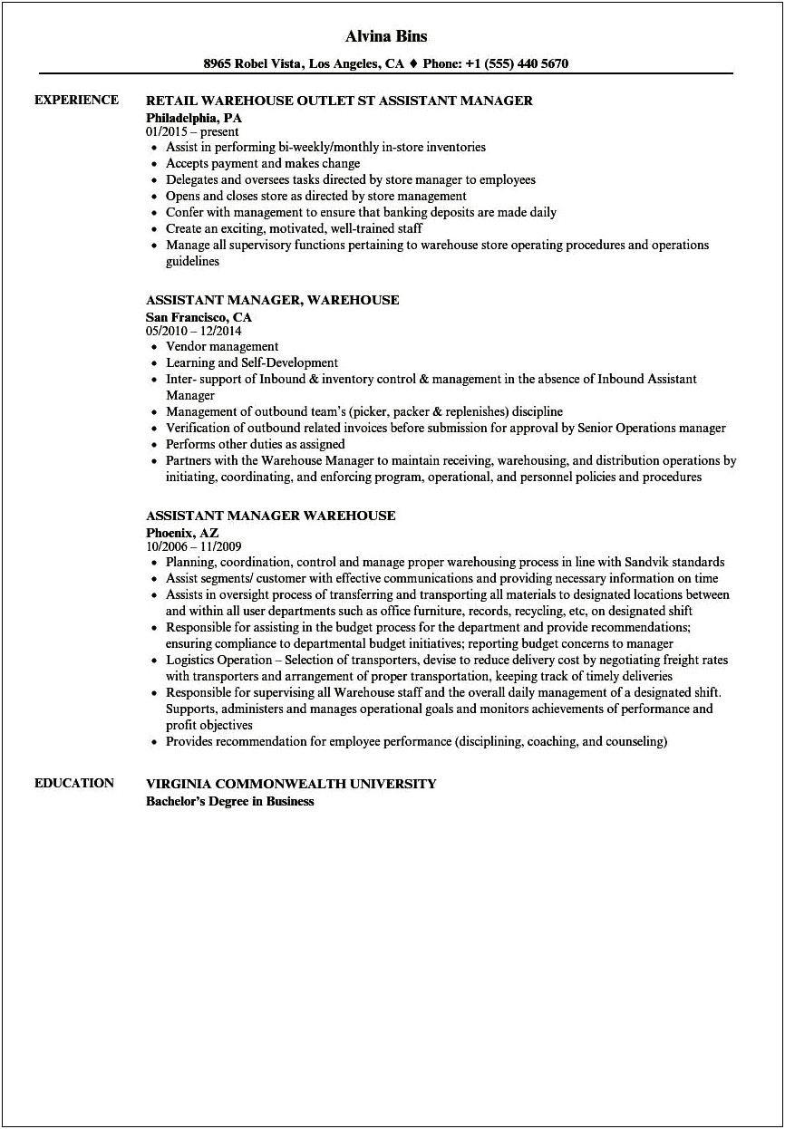 Assistant Manager Retail Resume Sample
