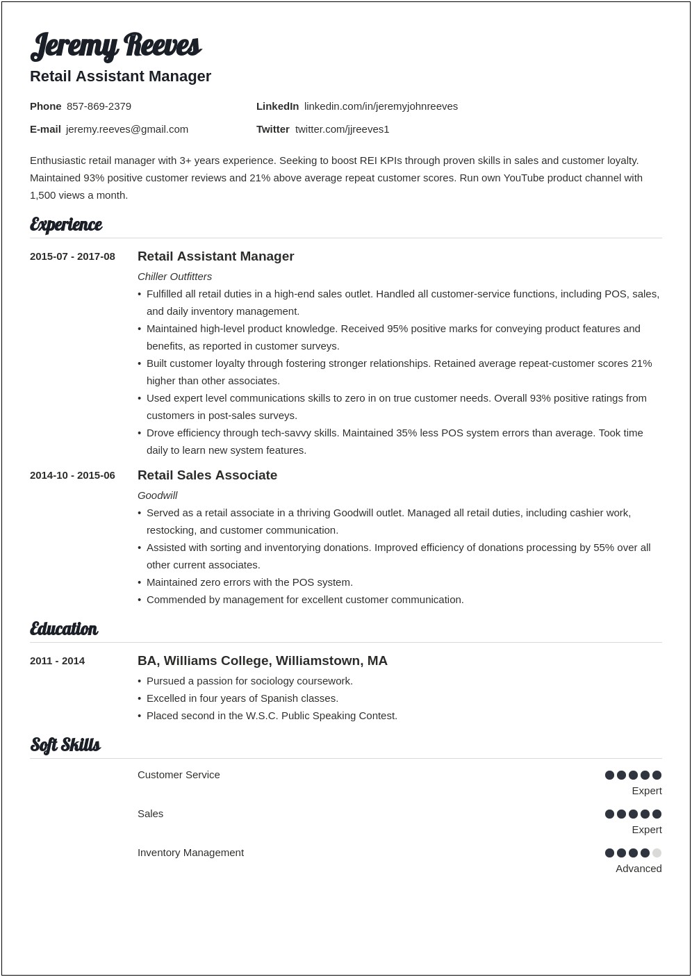 Assistant Manager Retail Store Resume