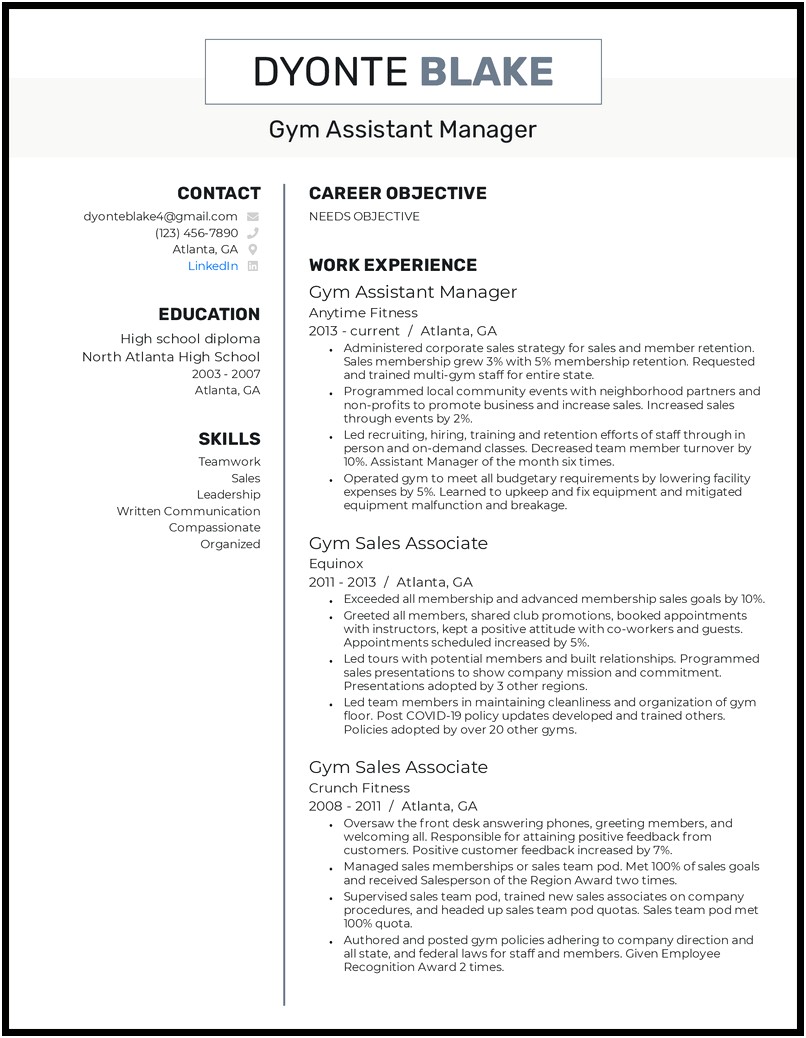 Assistant Manager Roles For Resume