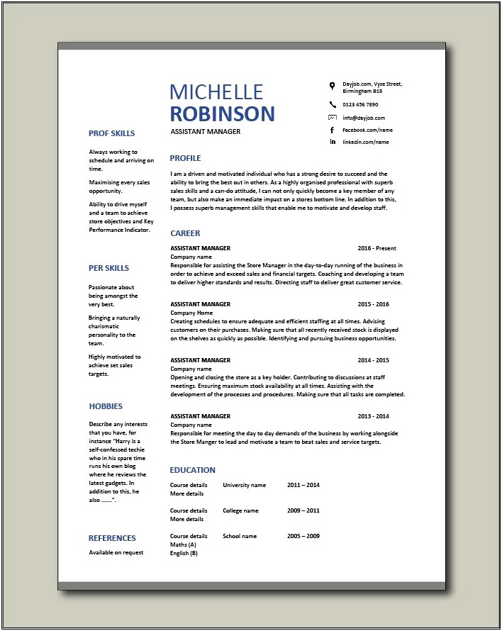 Assistant Manager Shoe Store Resume