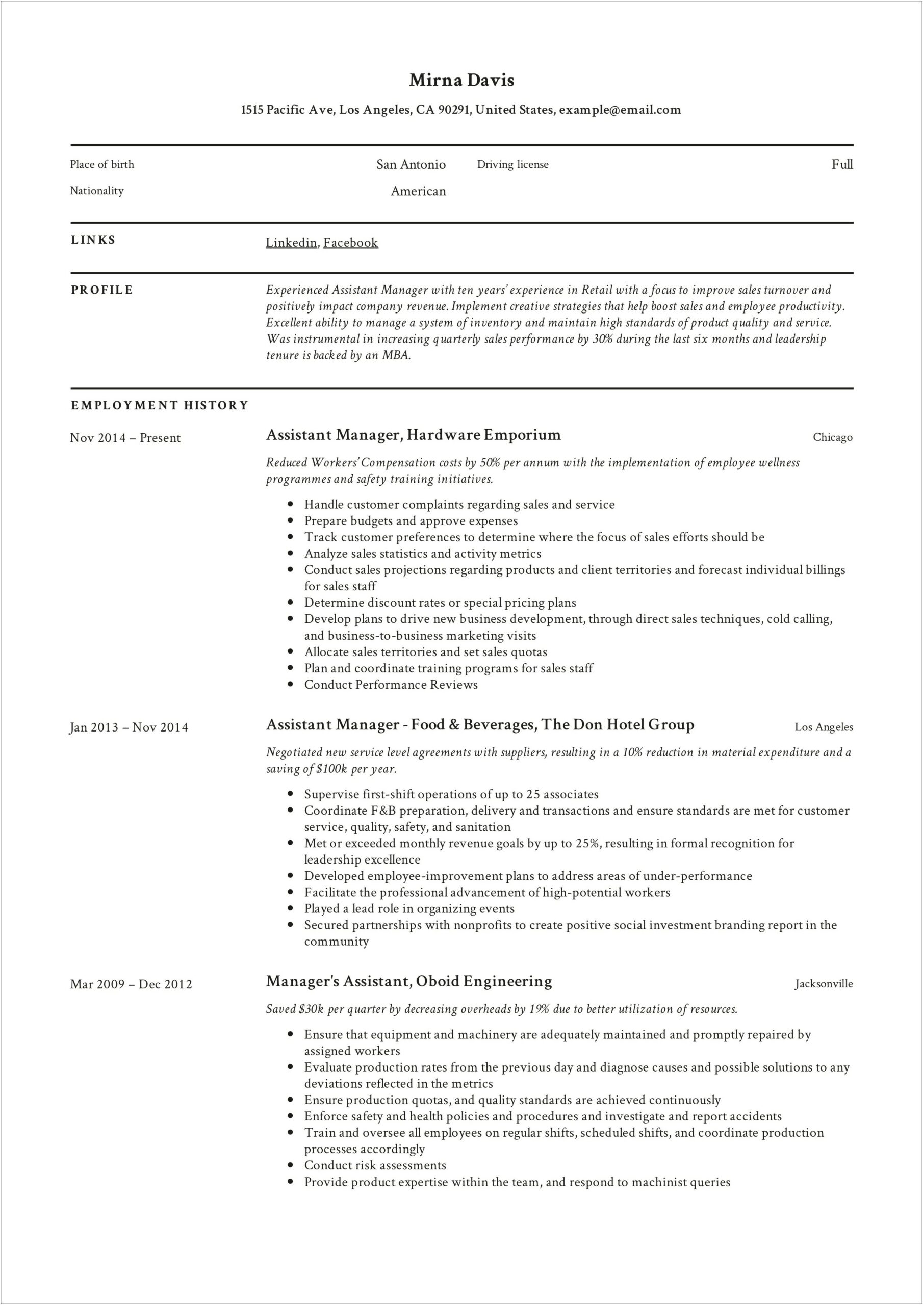 Assistant Manager Skills Resume Examples