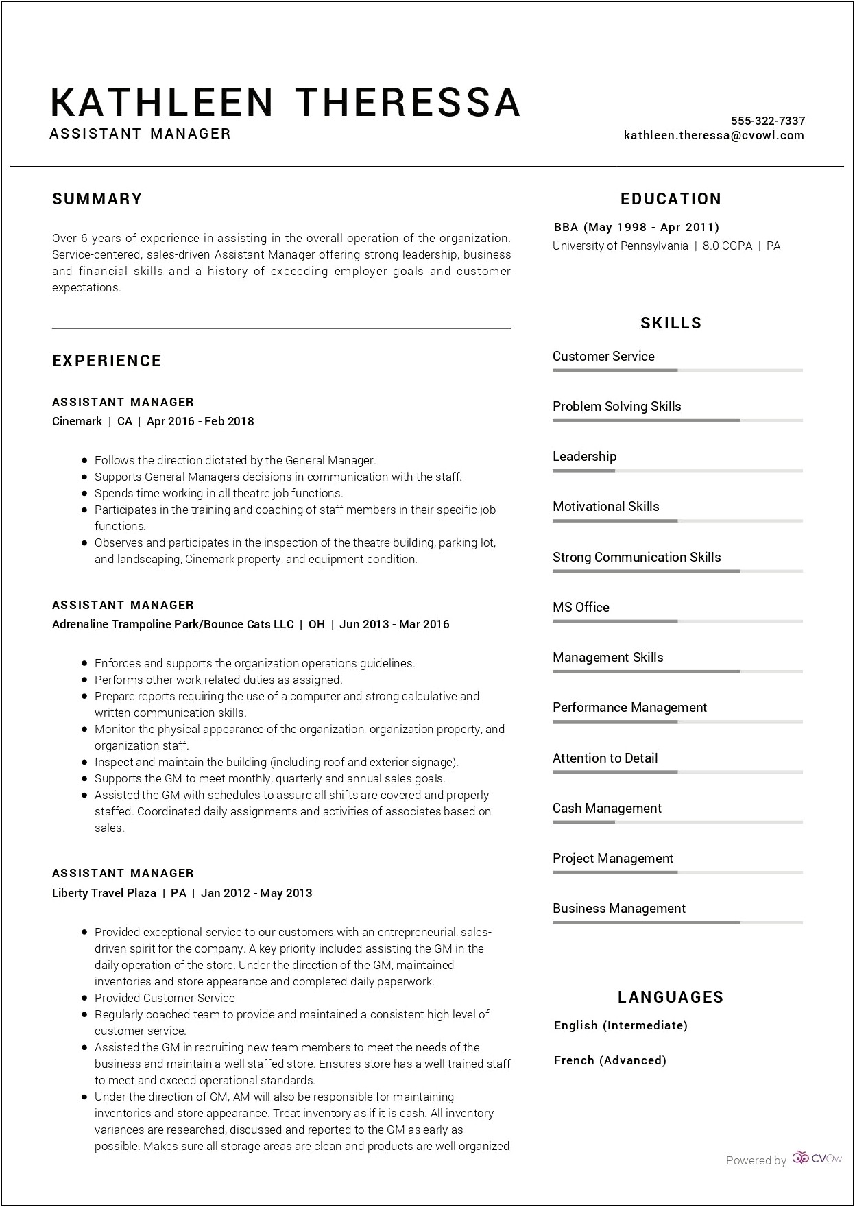Assistant Manager Summary For Resume