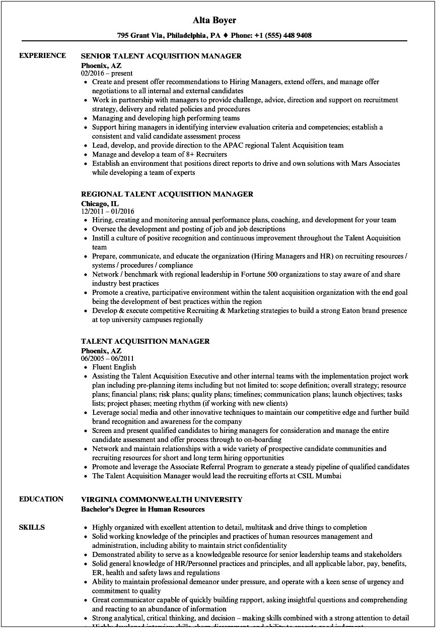 Assistant Manager Talent Acquisition Resume