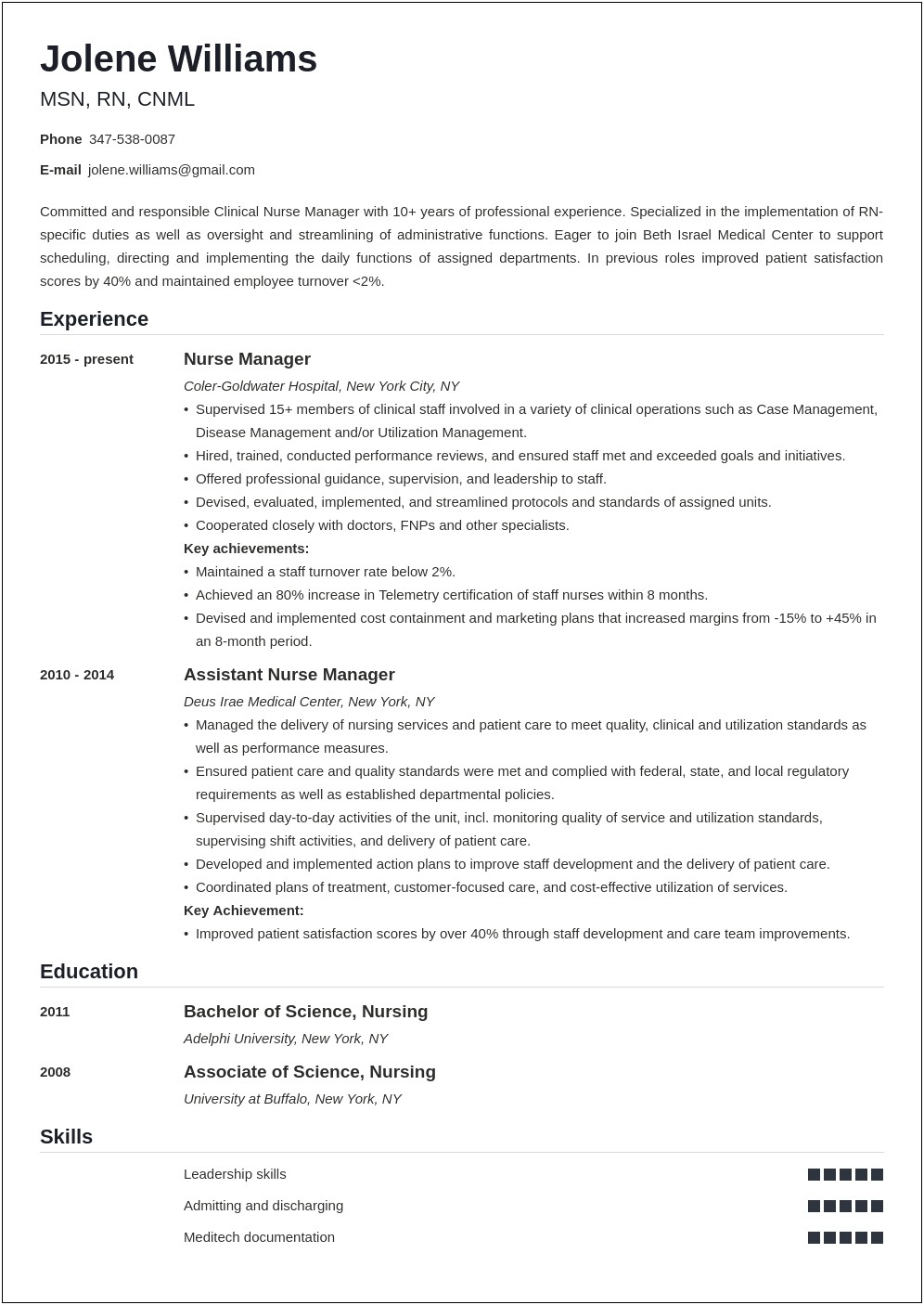 Assistant Nurse Manager Resume Example