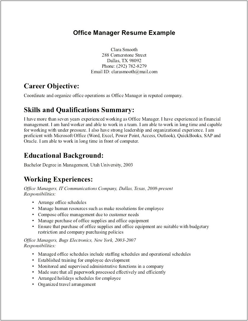 Assistant Office Manager Job Description Resume
