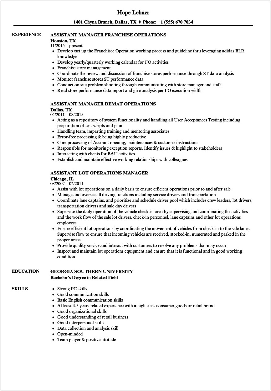 Assistant Operations Manager Resume Objective