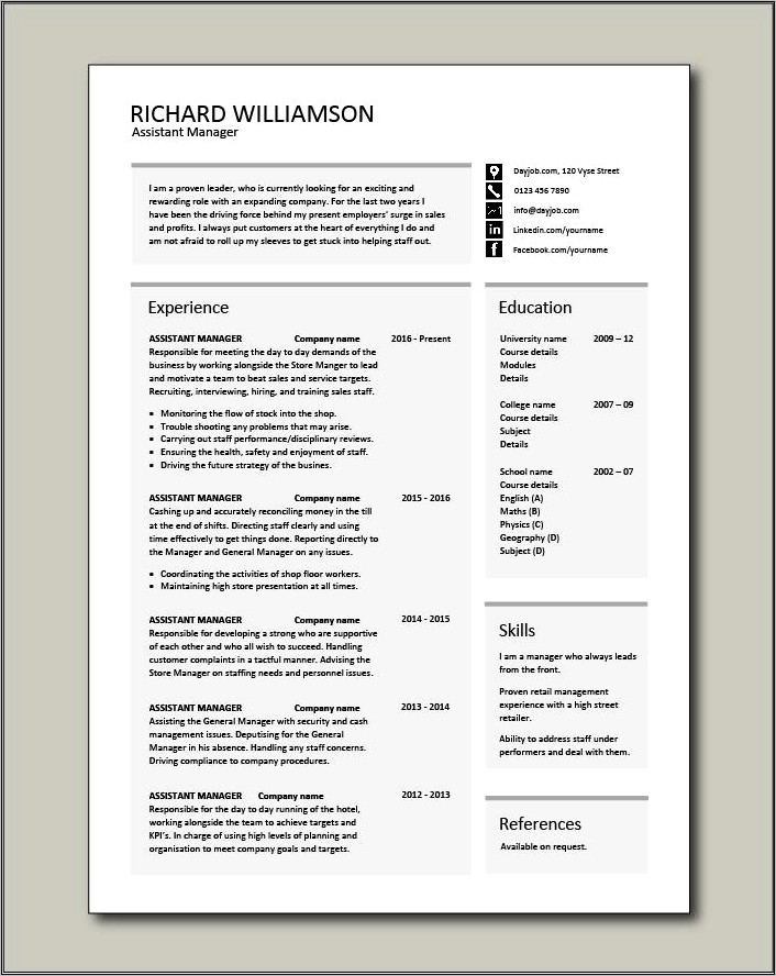 Assistant Operations Manager Resume Sample