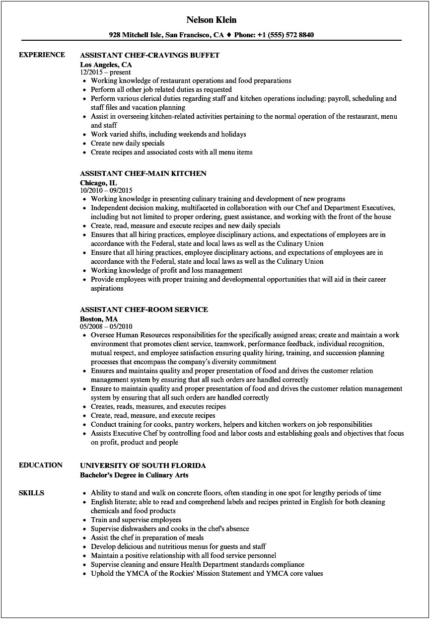 Assistant Pastry Chef Resume Sample
