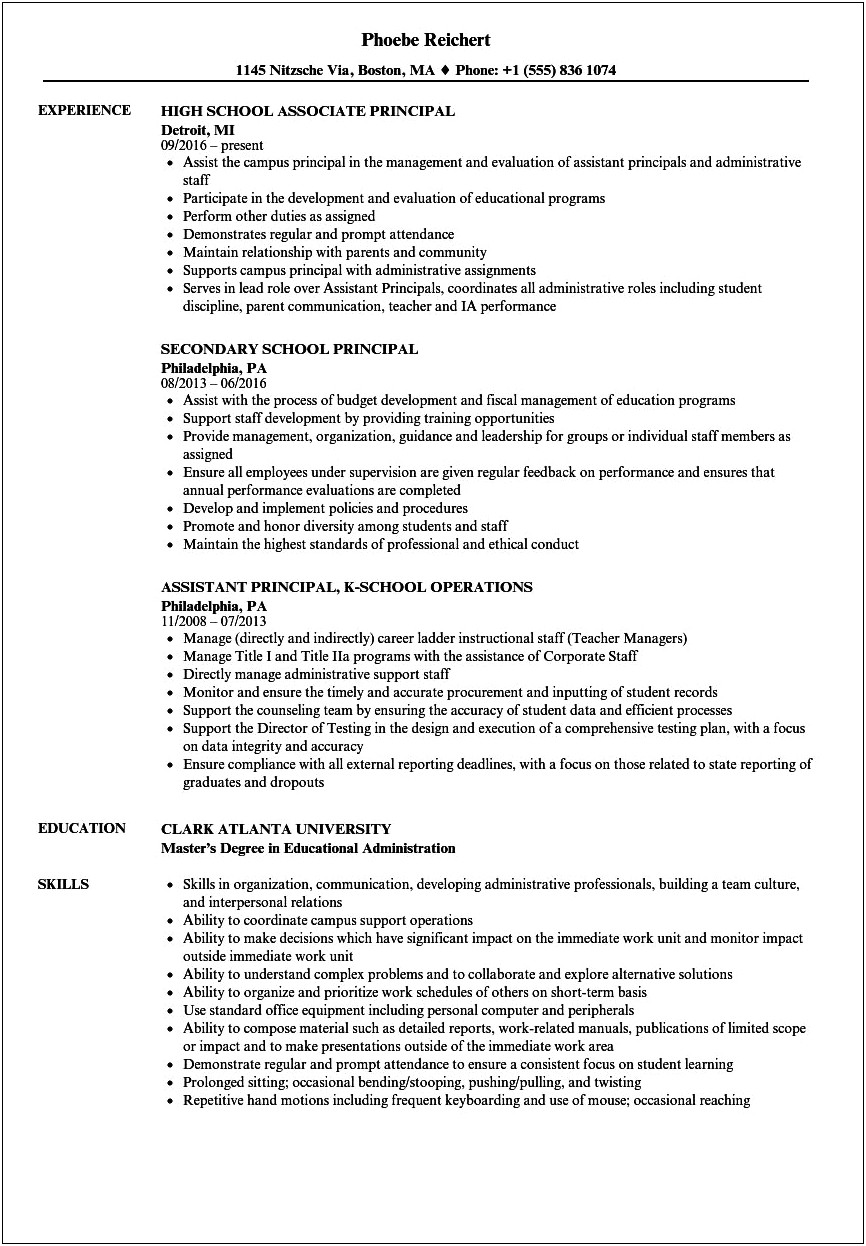 Assistant Principal Resume Objective Samples