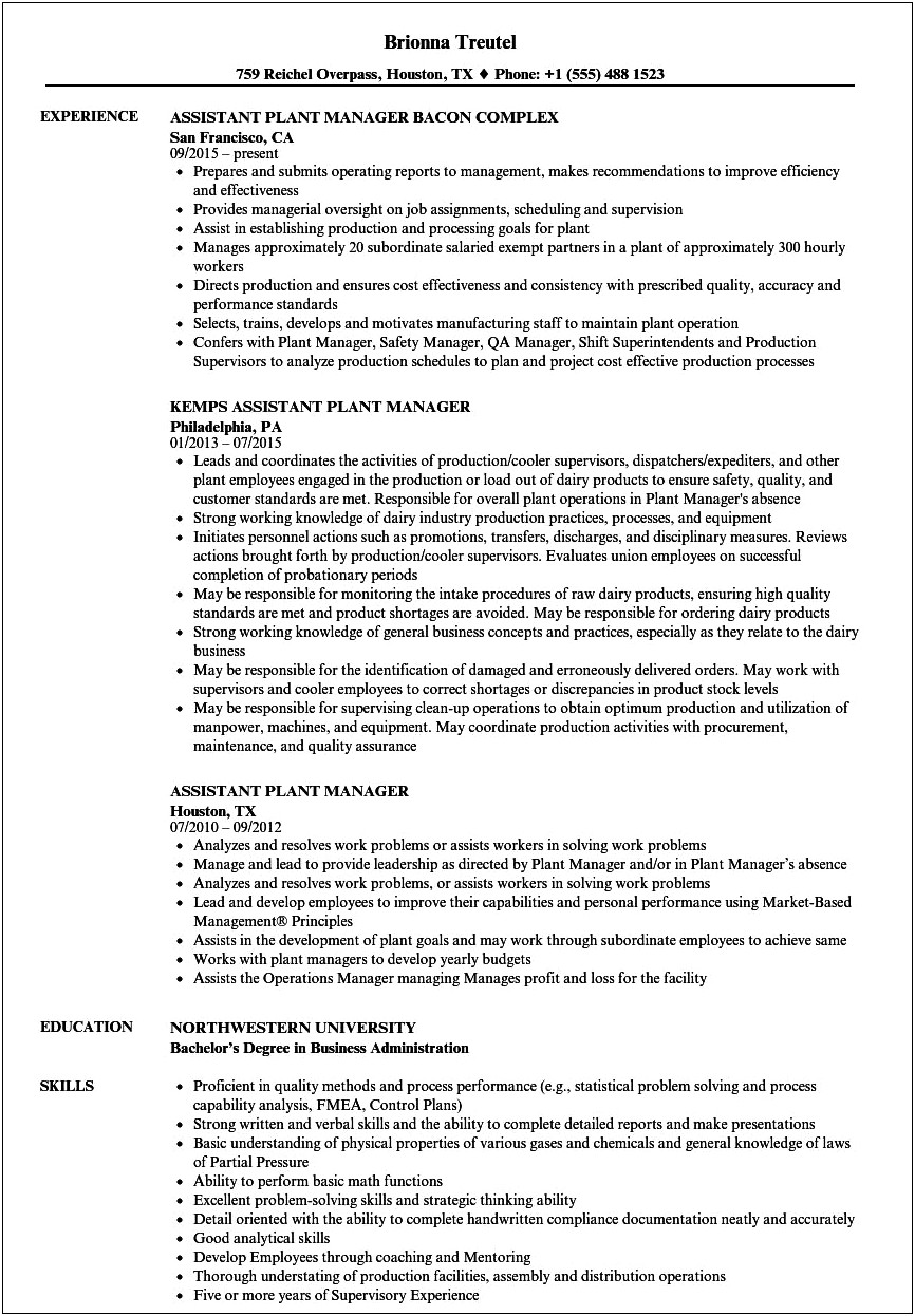 Assistant Production Manager Resume Sample