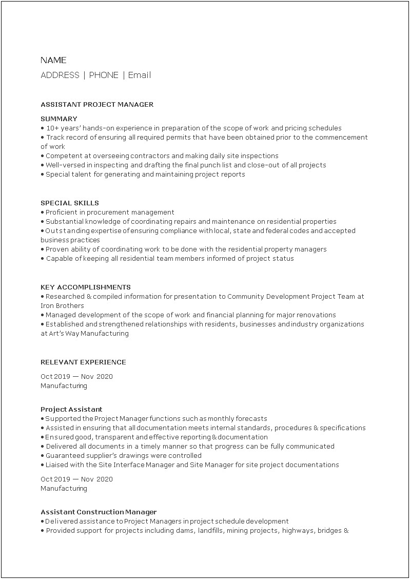 Assistant Project Manager Resume Samples