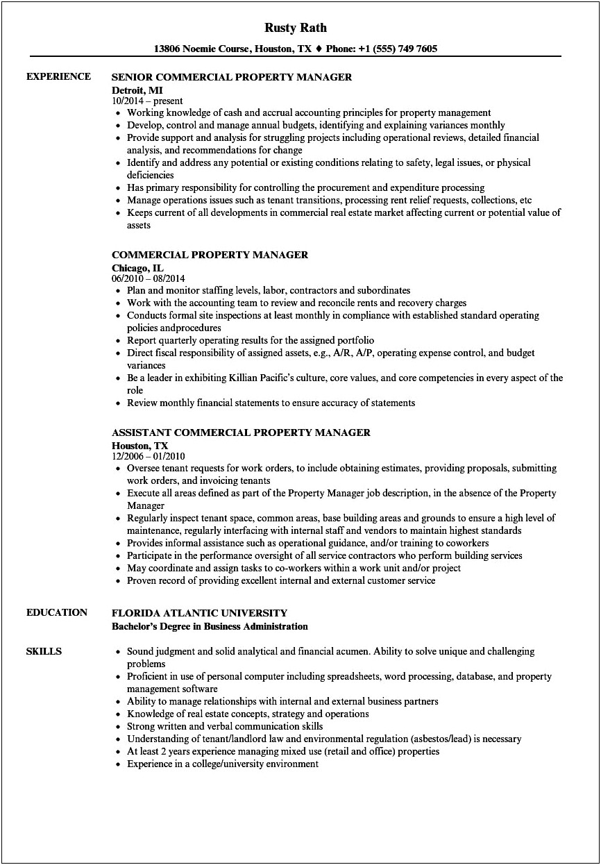 Assistant Property Manager Job Resume