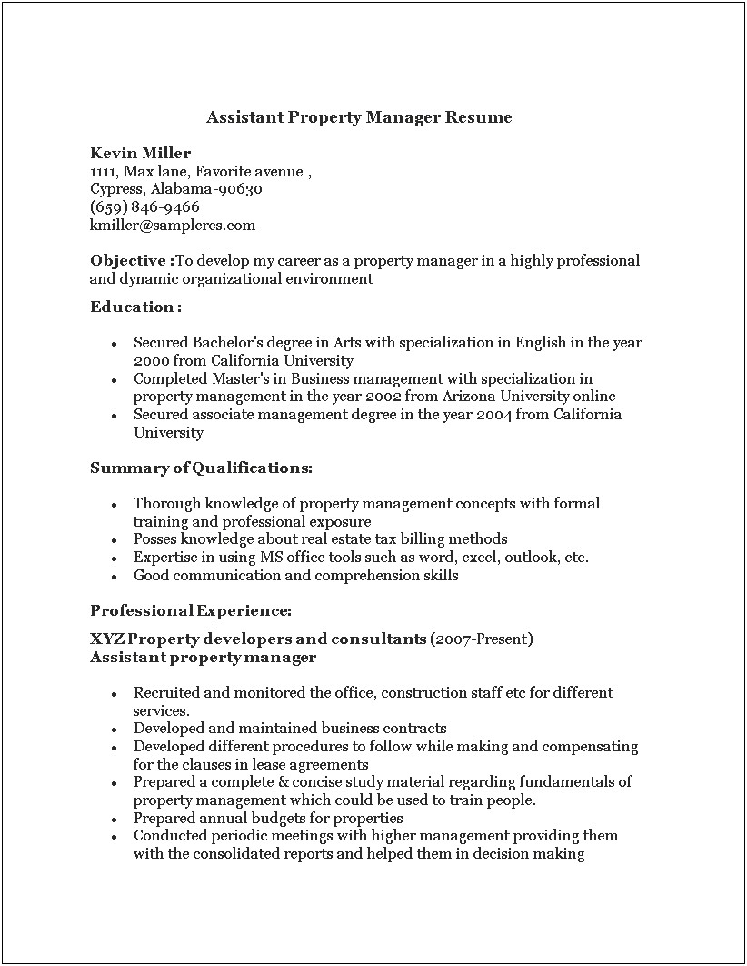 Assistant Property Manager Objective Resume