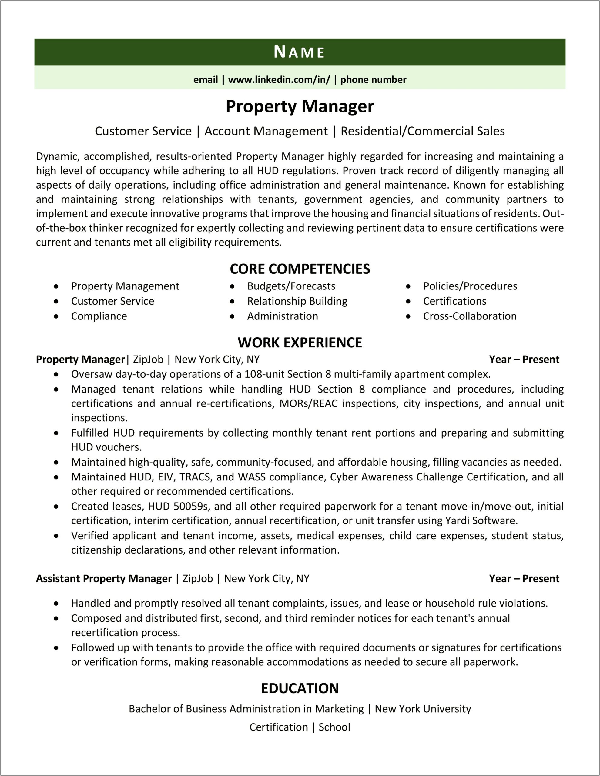 Assistant Property Manager Resume No Experience