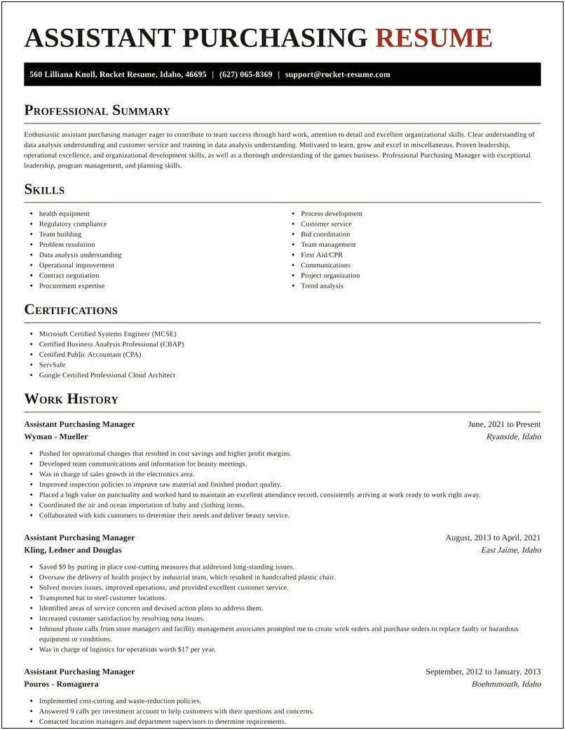 Assistant Purchasing Manager Resume Sample