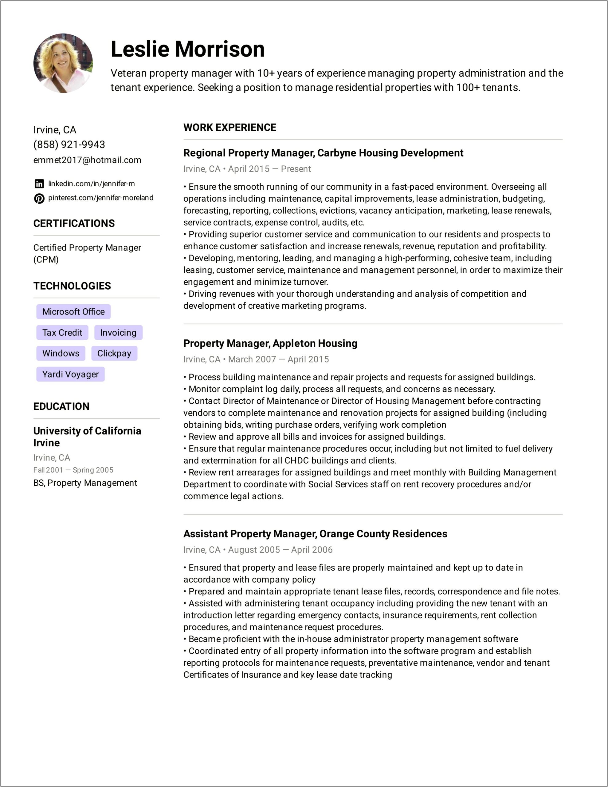 Assistant Real Estate Manager Resume