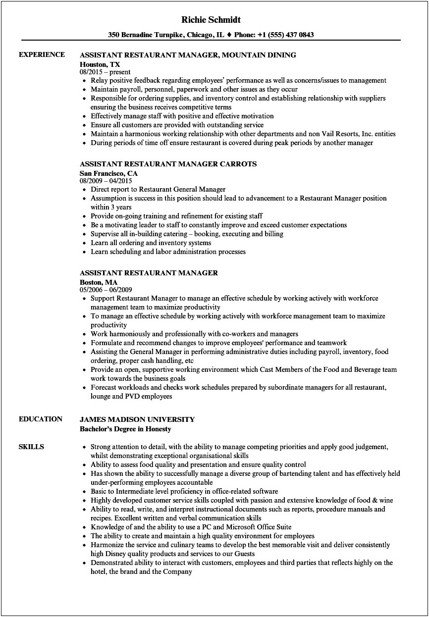 Assistant Restaurant Manager Duties And Responsibilities Resume
