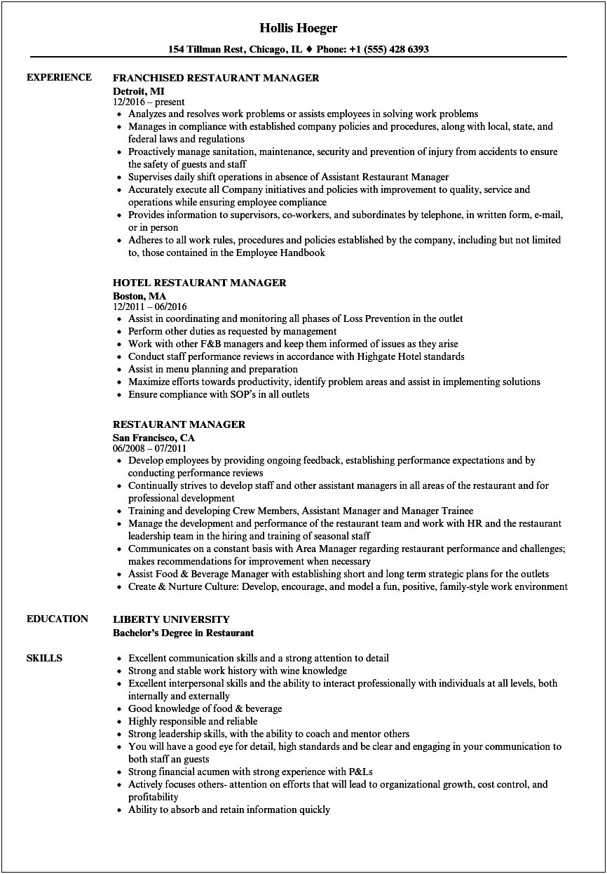 Assistant Restaurant Manager Responsibilities Resume