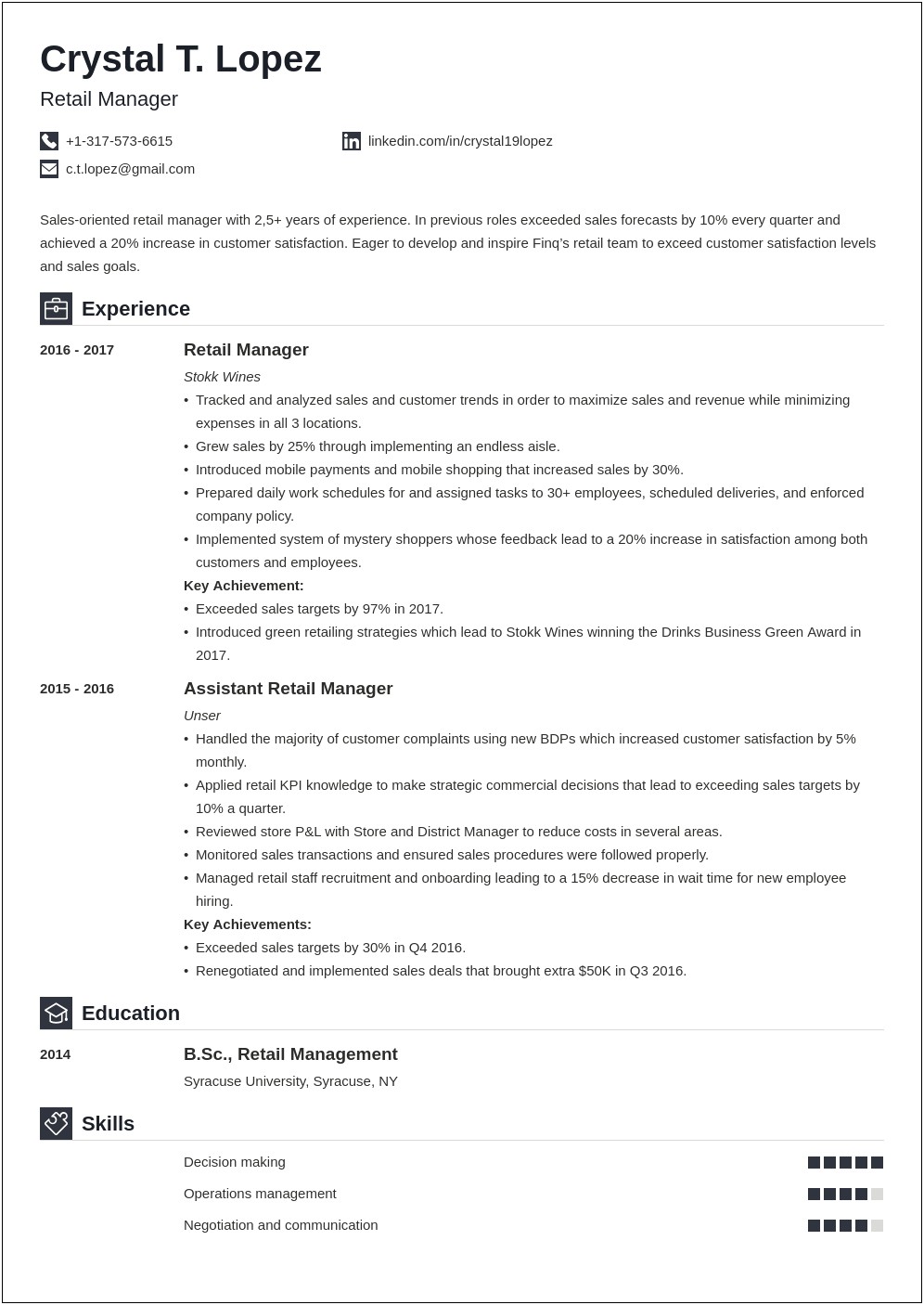 Assistant Retail Manager Resume Examples