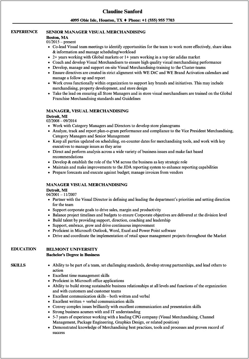 Assistant Store Manager Merchandising Resume