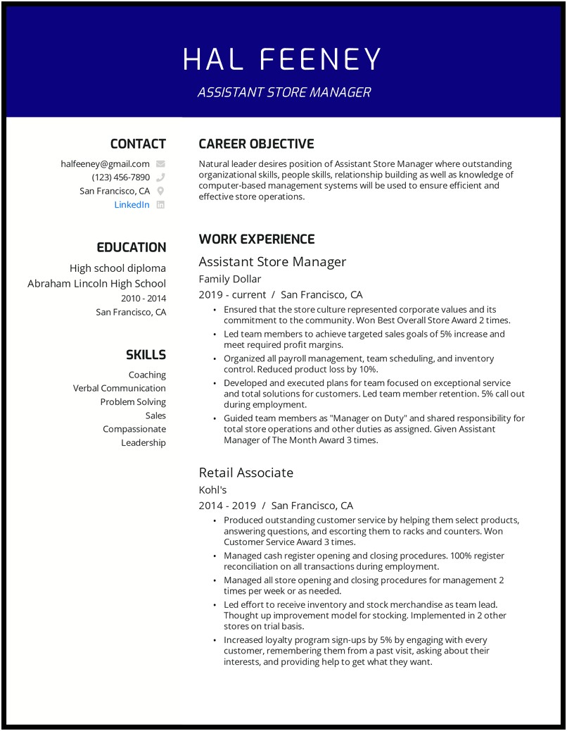 Assistant Store Manager Objective Resume