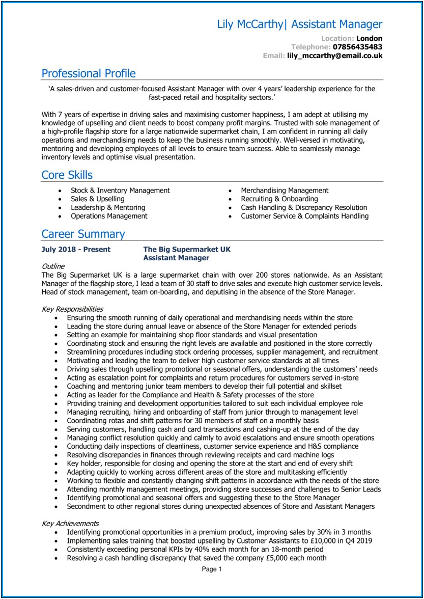 Assistant Store Manager Resume Skills