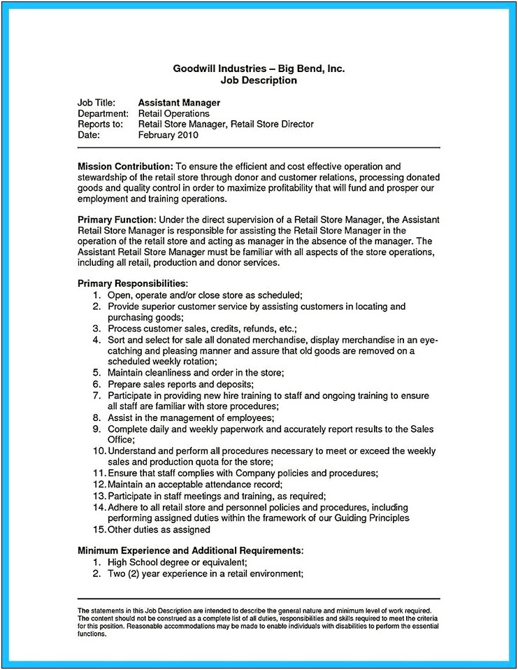 Assistant Store Manager Skills For Resume