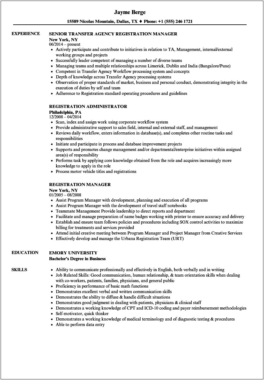 Assistant To The Registrar Resume Example