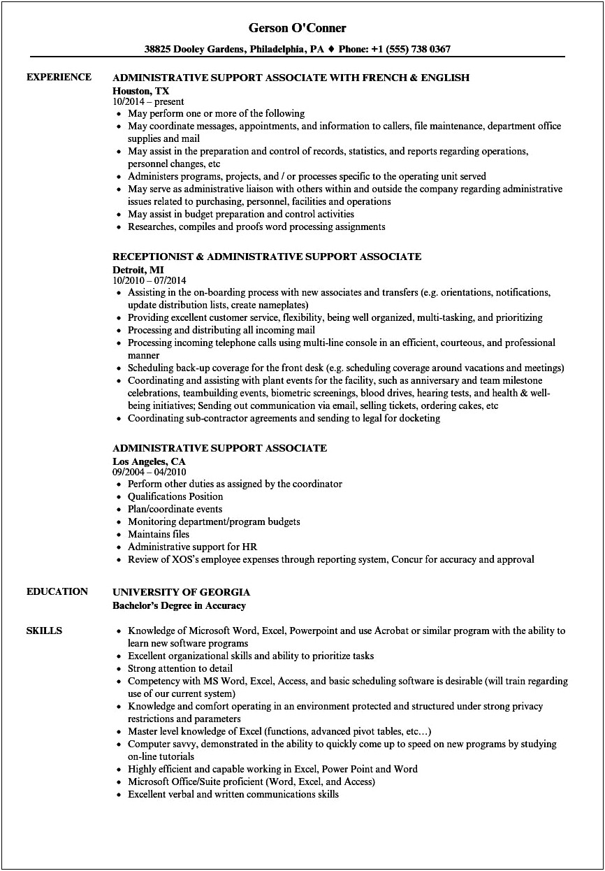 Associate For Administrative Services Manager Resume Sample