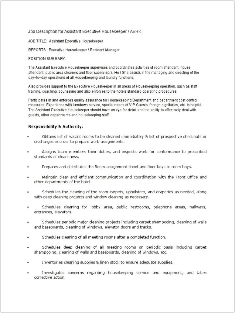 Asst Executive Housekeeper Job Description Resume
