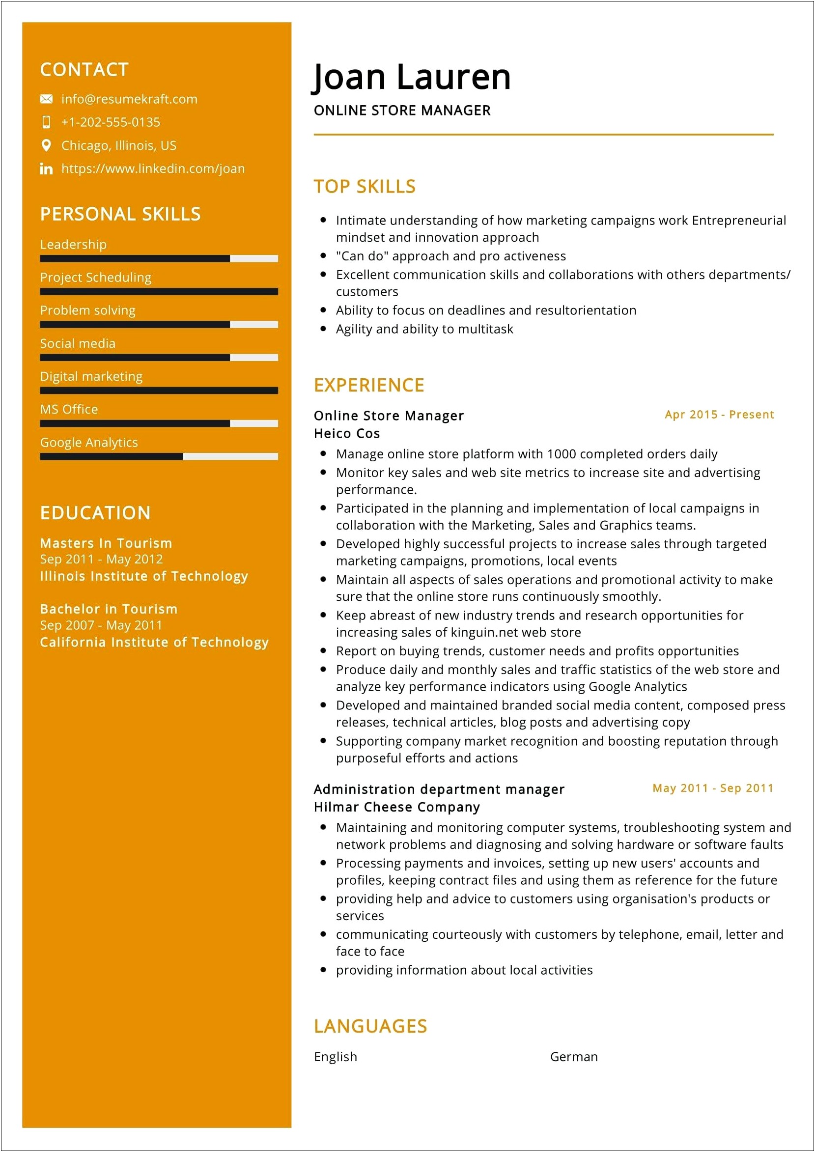 At T Retail Sales Manager Resume