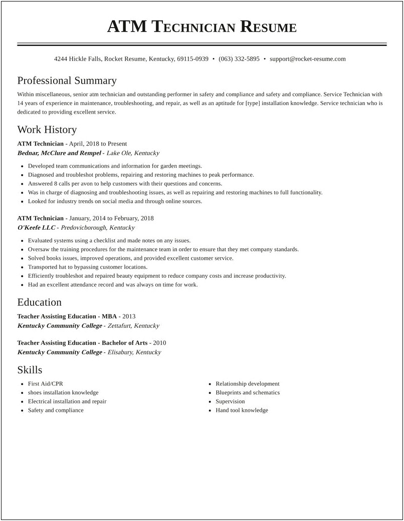 Atm Technician Job Description Resume