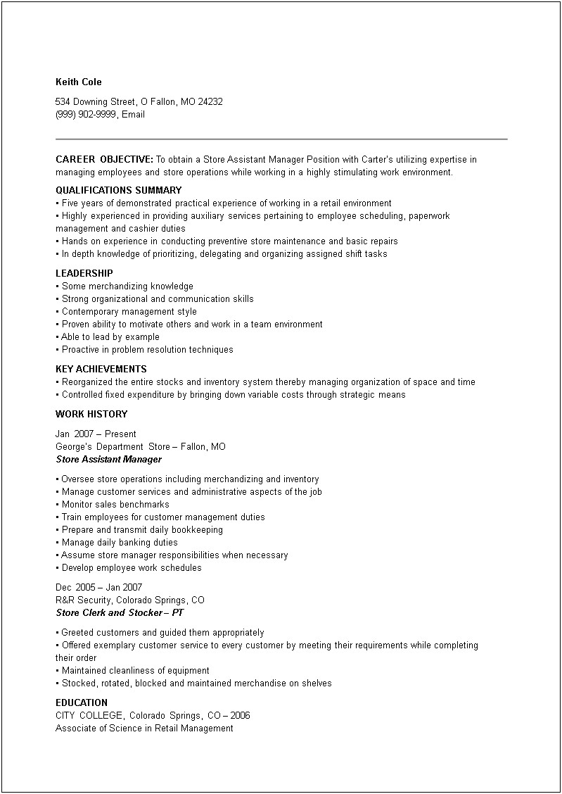 At&t Assistant Store Manager Resume