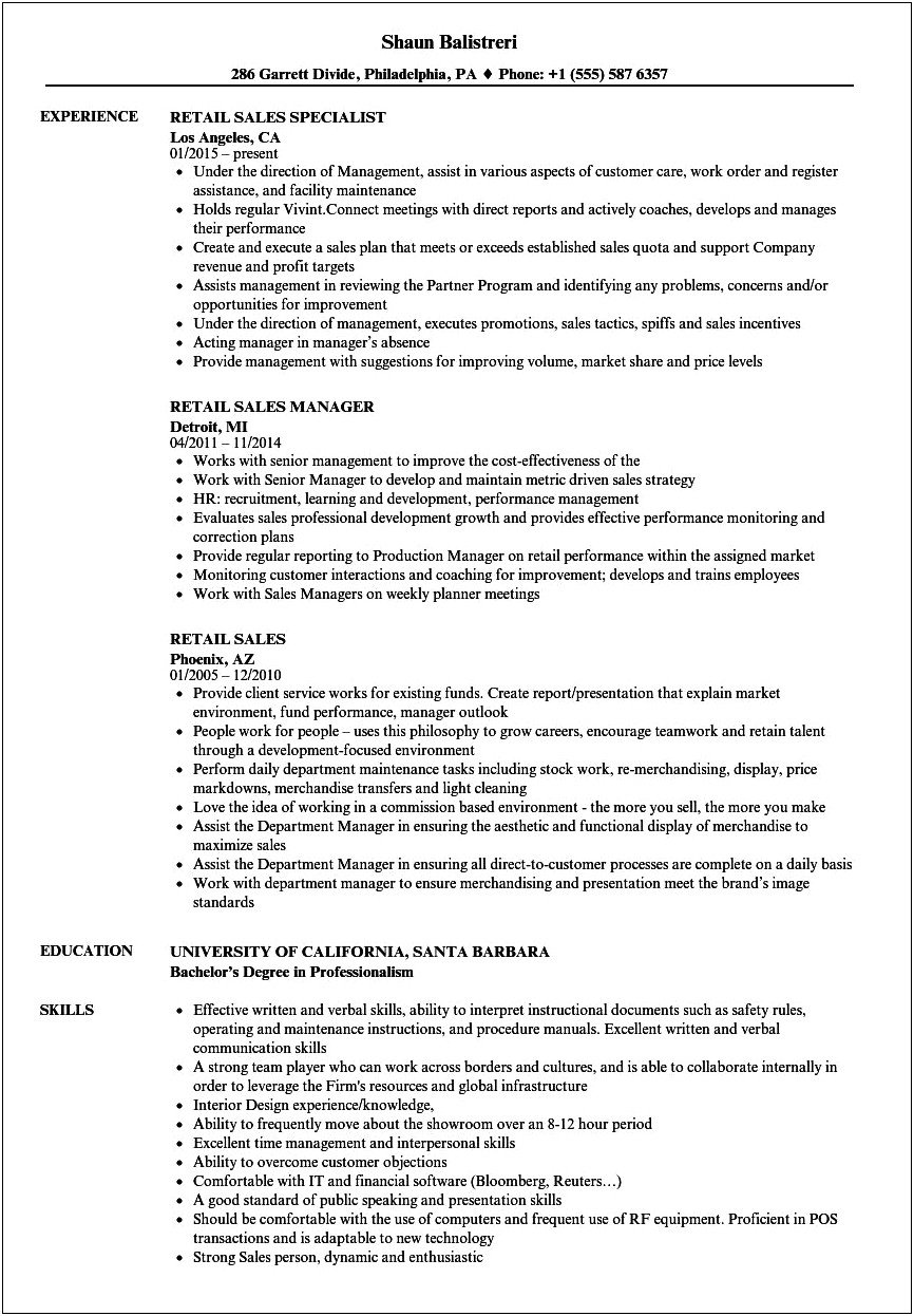 At&t Retail Sales Consultant Experience On Resume