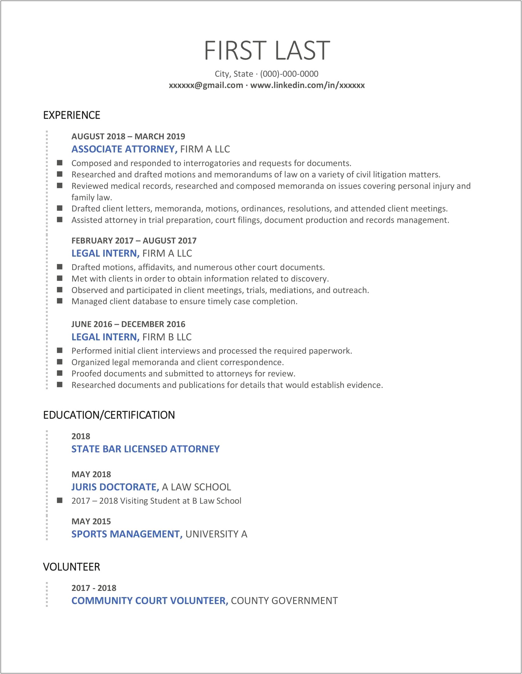 Attorney Resume Education Or Experience First