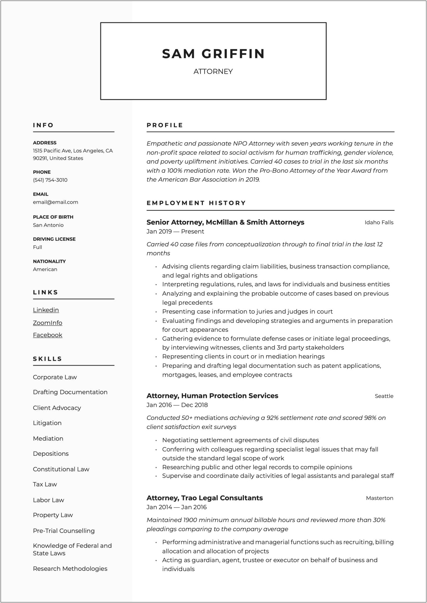 Attorney Resume Samples Entry Level