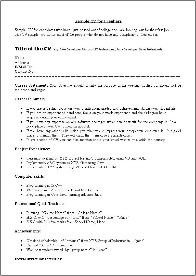 Attractive Fresher Resume Templates Free Download
