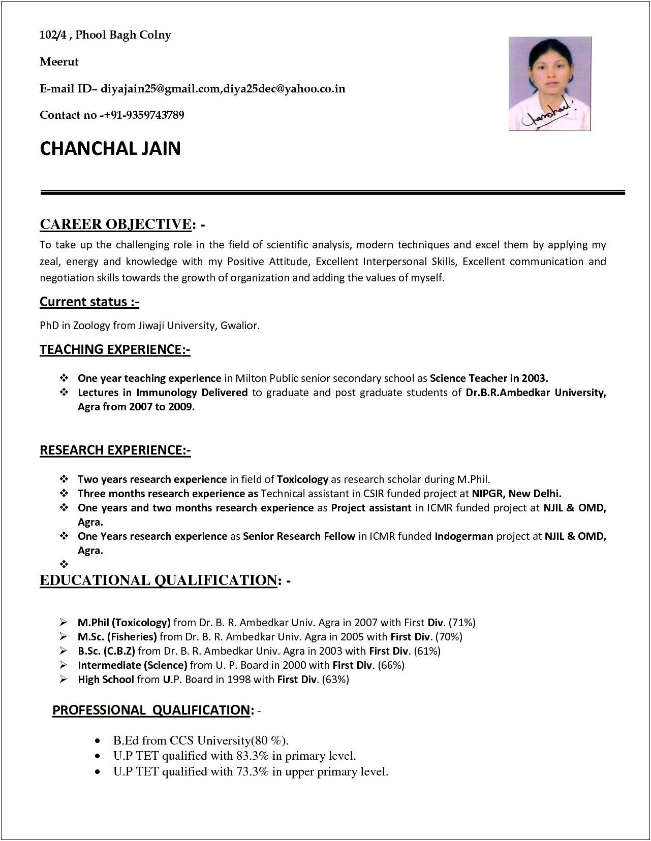 Attractive Resume For Teaching Job