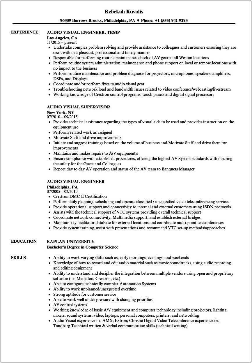 Audio Visual Project Manager Resume