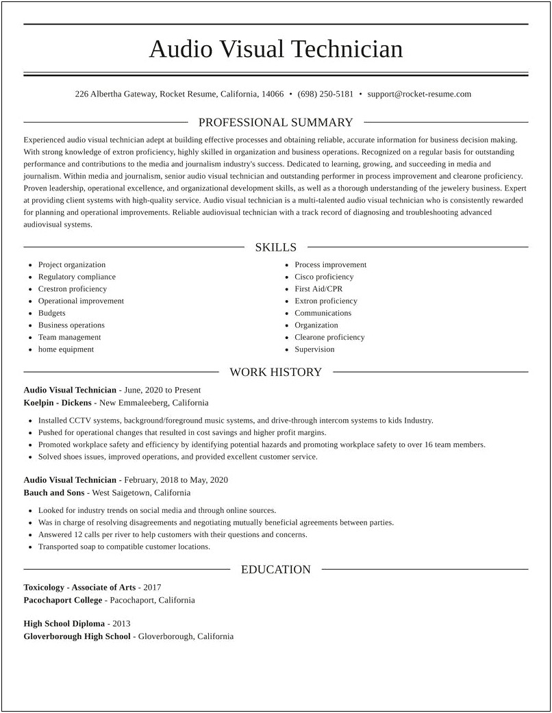 Audio Visual Technician Job Description Resume