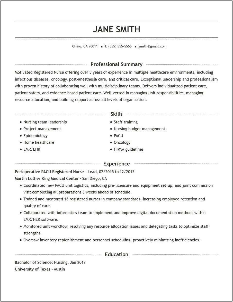Austin Community College Nursing Graduate Sample Resume