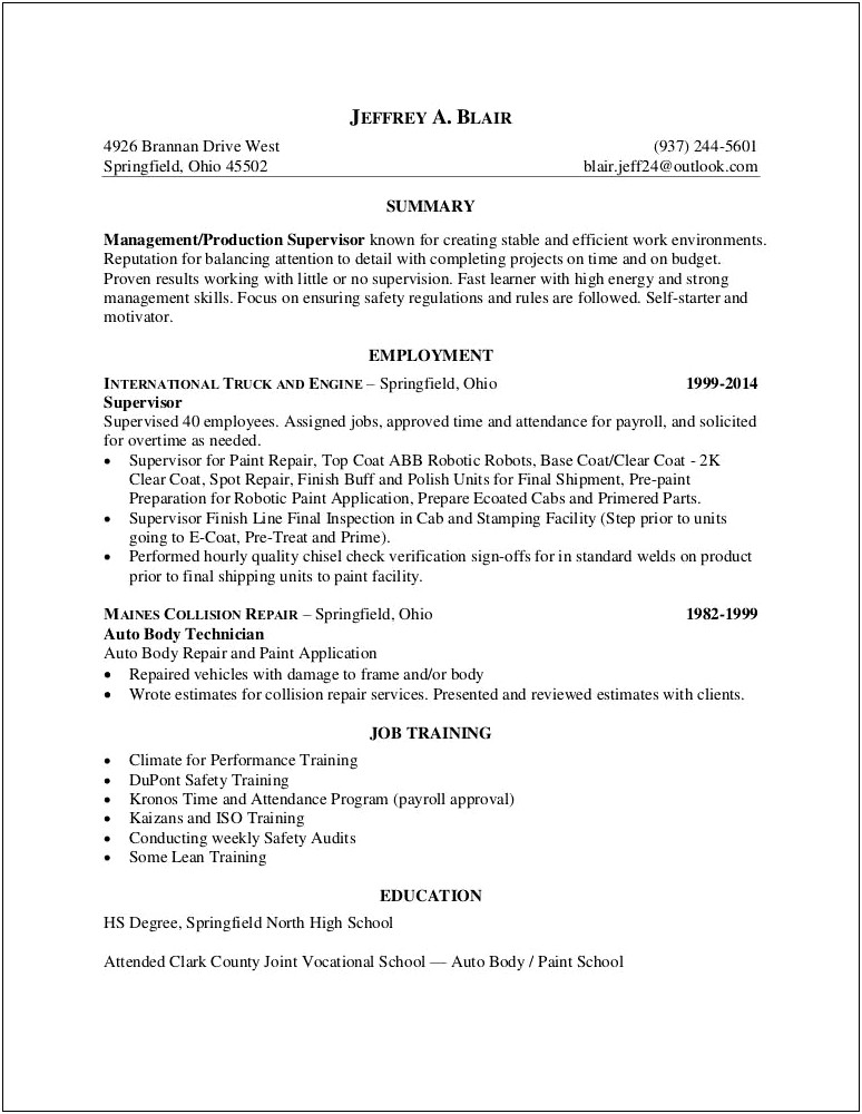 Auto Body Job Description For Resume