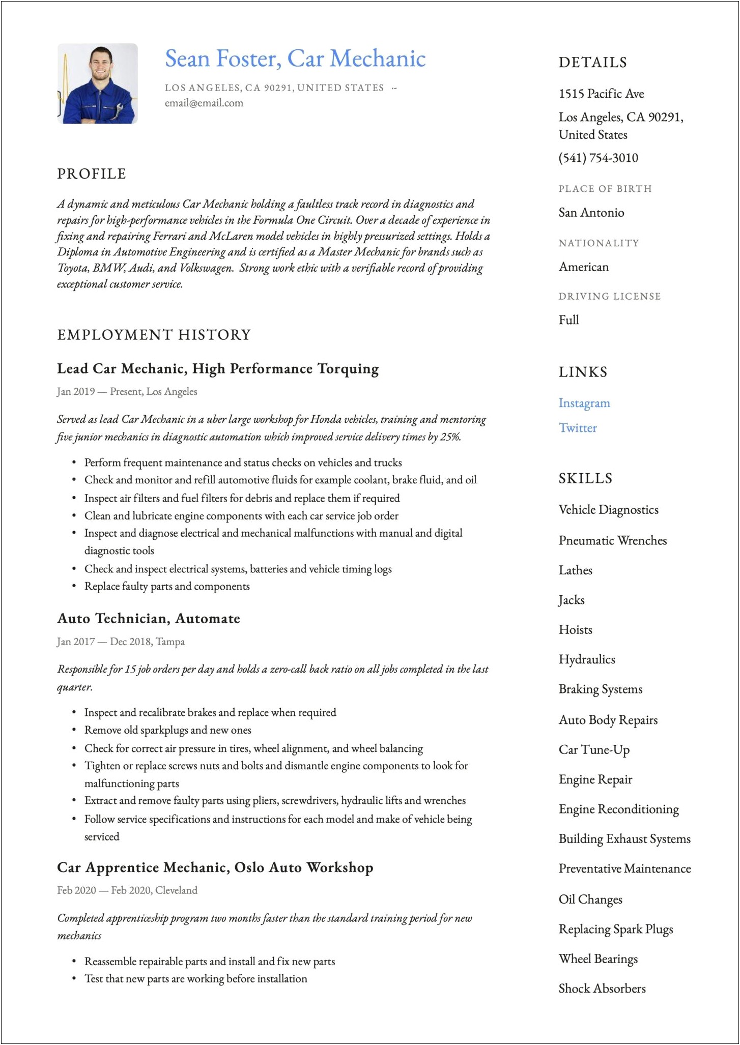 Auto Body Shop Manager Resume Sample