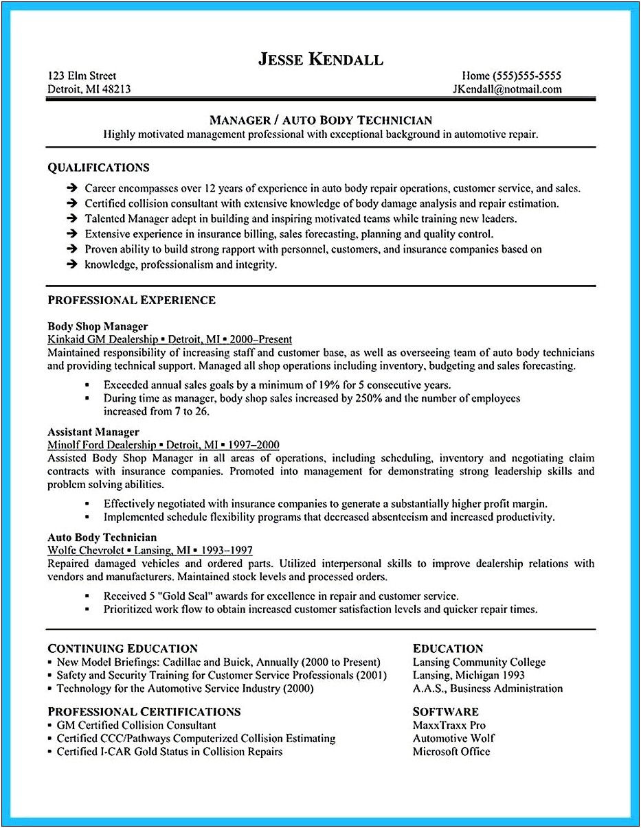 Auto Body Shop Manager Resume